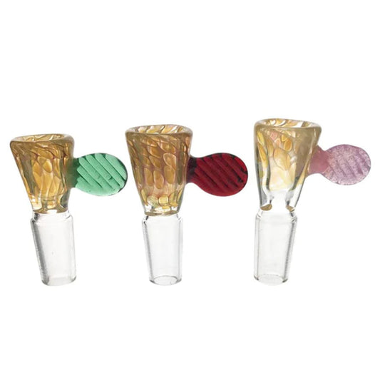 SHINE GLASSWORKS FUMED HONEYCOMB FLARE CONE BOWL W/ COLORED HANDLE - 14MM
